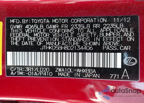 2013 Lexus Ct 200H from USA, damaged, VIN JTHKD5BH8D2134406
